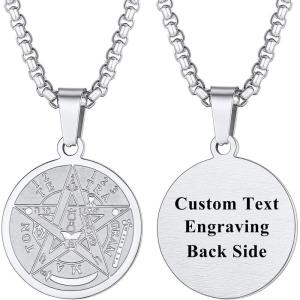 U7 Wiccan Necklace Pagan Pendant Men Women Stainless Steel/Black/18K Gold Plated Pentagram/Norse Viking/Raven Occult Necklaces(02.Pentacle Medal-Stainless-Customized)