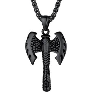 U7 Wiccan Necklace Pagan Pendant Men Women Stainless Steel/Black/18K Gold Plated Pentagram/Norse Viking/Raven Occult Necklaces(04.Double Bit Axe-Black)