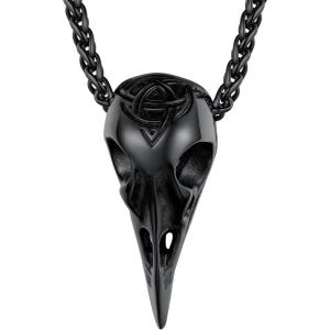 U7 Wiccan Necklace Pagan Pendant Men Women Stainless Steel/Black/18K Gold Plated Pentagram/Norse Viking/Raven Occult Necklaces(05.Raven Skull-Black)