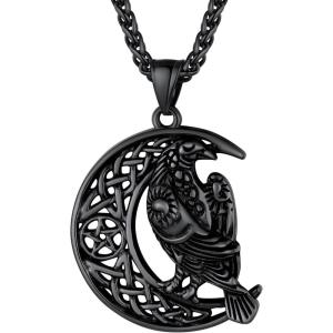 U7 Wiccan Necklace Pagan Pendant Men Women Stainless Steel/Black/18K Gold Plated Pentagram/Norse Viking/Raven Occult Necklaces(06.Pentacle Raven-Black)