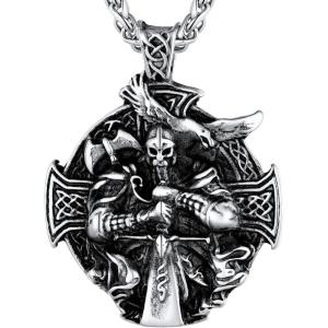 U7 Wiccan Necklace Pagan Pendant Men Women Stainless Steel/Black/18K Gold Plated Pentagram/Norse Viking/Raven Occult Necklaces(08.Odin God-Stainless)