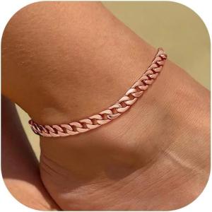 U7 Women Girls Barefoot Jewelry 18K Gold or Rose Gold Stainless Steel Heart/Rope/Figaro/Cuban Chain Anklet Foot Bracelet, 25-30 CM Long(01.Rose Gold)