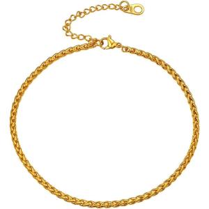 U7 Women Girls Barefoot Jewelry 18K Gold or Rose Gold Stainless Steel Heart/Rope/Figaro/Cuban Chain Anklet Foot Bracelet, 25-30 CM Long(05.Gold plated-3mm wheat chain)
