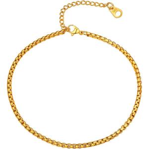U7 Women Girls Barefoot Jewelry 18K Gold or Rose Gold Stainless Steel Heart/Rope/Figaro/Cuban Chain Anklet Foot Bracelet, 25-30 CM Long(06.Gold plated-3mm box chain)