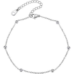 U7 Women Girls Barefoot Jewelry 18K Gold or Rose Gold Stainless Steel Heart/Rope/Figaro/Cuban Chain Anklet Foot Bracelet, 25-30 CM Long(07.Stainless steel- bead)
