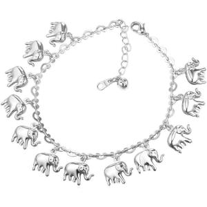 U7 Women Girls Barefoot Jewelry 18K Gold or Rose Gold Stainless Steel Heart/Rope/Figaro/Cuban Chain Anklet Foot Bracelet, 25-30 CM Long(08.platinum elephant charm)