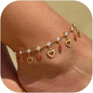 U7 Women Girls Barefoot Jewelry 18K Gold or Rose Gold Stainless Steel Heart/Rope/Figaro/Cuban Chain Anklet Foot Bracelet, 25-30 CM Long(09. Red Heart)