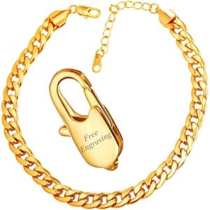 U7 Women Girls Barefoot Jewelry 18K Gold or Rose Gold Stainless Steel Heart/Rope/Figaro/Cuban Chain Anklet Foot Bracelet, 25-30 CM Long(cuban chain-gold-customized)