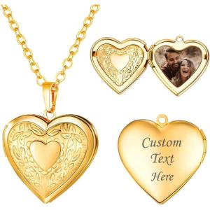 U7 Women Locket Necklace Platinum 14K Gold Photo Lockets that Hold Picture,Chain 20 Inch Personalized Gift Custom Love Heart Image Necklaces(01# Gold Heart)