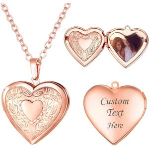 U7 Women Locket Necklace Platinum 14K Gold Photo Lockets that Hold Picture,Chain 20 Inch Personalized Gift Custom Love Heart Image Necklaces(01# Rose Gold Heart)