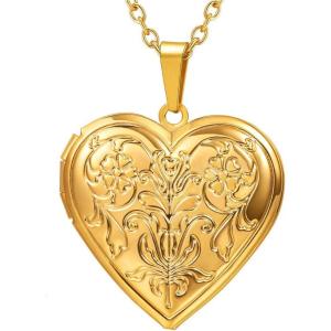 U7 Women Locket Necklace Platinum 14K Gold Photo Lockets that Hold Picture,Chain 20 Inch Personalized Gift Custom Love Heart Image Necklaces(02# Gold*Flower Grain)