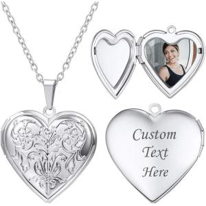 U7 Women Locket Necklace Platinum 14K Gold Photo Lockets that Hold Picture,Chain 20 Inch Personalized Gift Custom Love Heart Image Necklaces(02# Platinum*Flower Grain)