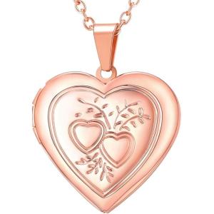 U7 Women Locket Necklace Platinum 14K Gold Photo Lockets that Hold Picture,Chain 20 Inch Personalized Gift Custom Love Heart Image Necklaces(03# Rose Gold*2 Heart)
