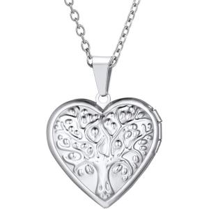 U7 Women Locket Necklace Platinum 14K Gold Photo Lockets that Hold Picture,Chain 20 Inch Personalized Gift Custom Love Heart Image Necklaces(04# Stainless(Tree of Life))