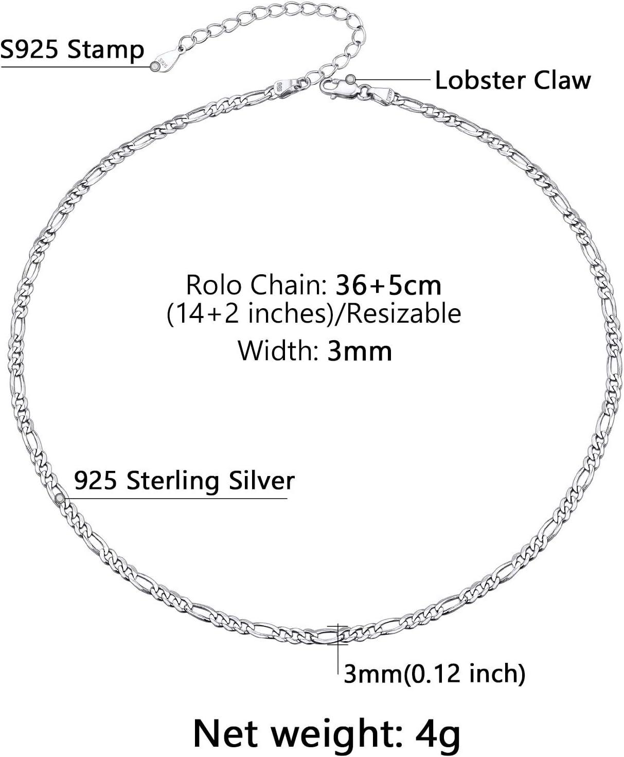 imageU7 14 Inch Choker Necklace Solid Sterling Silver 3mm Figaro Chain for Women