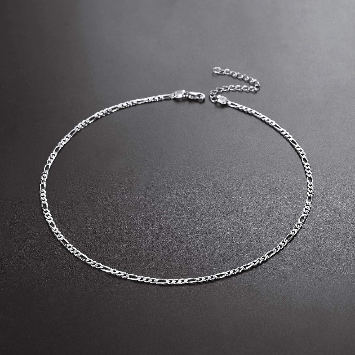 imageU7 14 Inch Choker Necklace Solid Sterling Silver 3mm Figaro Chain for Women