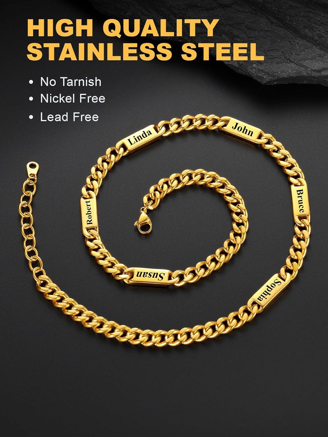 imageU7 Cuban Link Chain Custom Name Necklace for Men Stainless SteelBlackGold Plated Men Necklaces with 16 Names Engraved 57 mm Width 18202224 Inches Length Thick Hip Hop Family Chains Jewelryc 7mm Gold