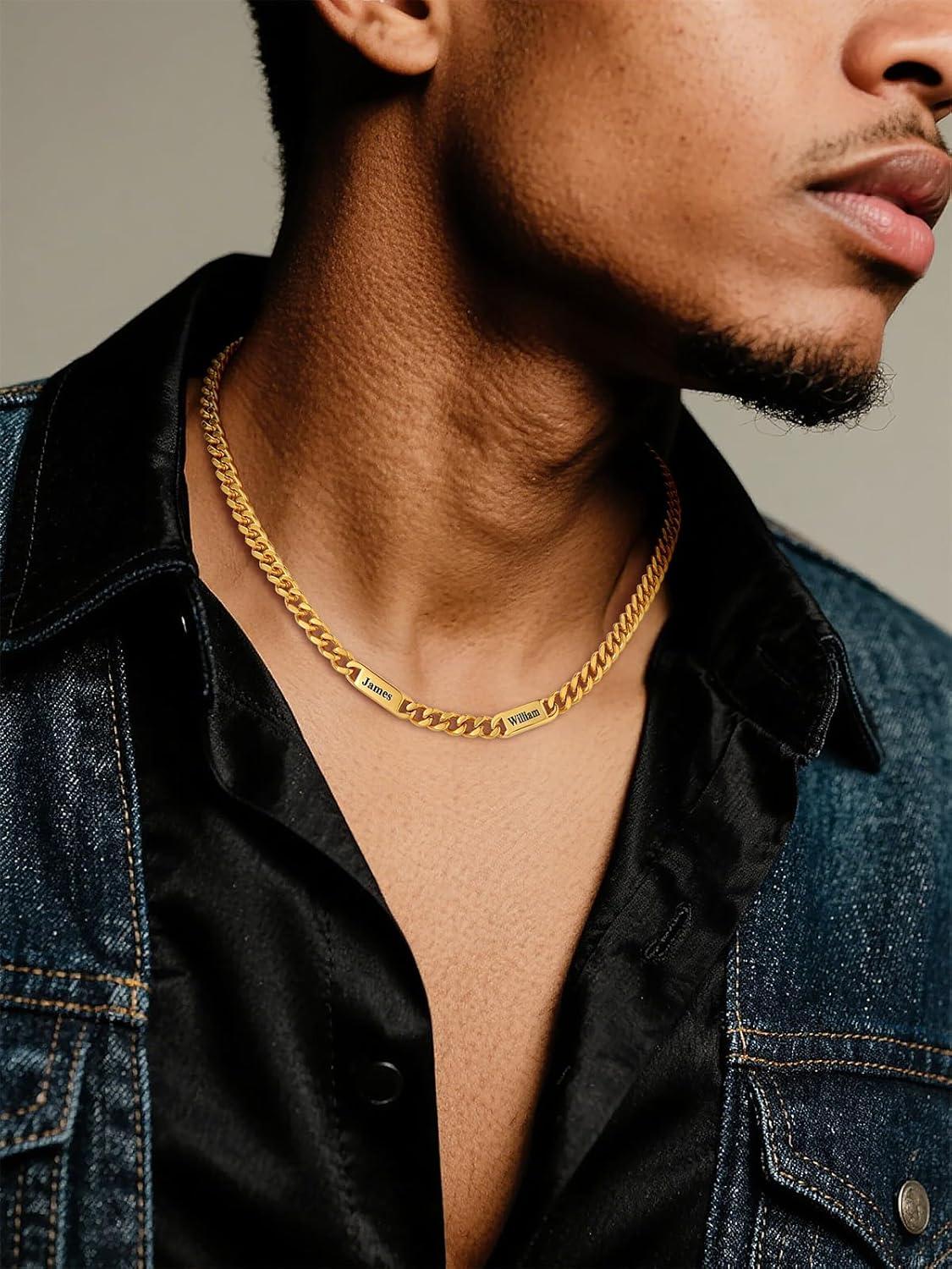imageU7 Cuban Link Chain Custom Name Necklace for Men Stainless SteelBlackGold Plated Men Necklaces with 16 Names Engraved 57 mm Width 18202224 Inches Length Thick Hip Hop Family Chains Jewelryc 7mm Gold