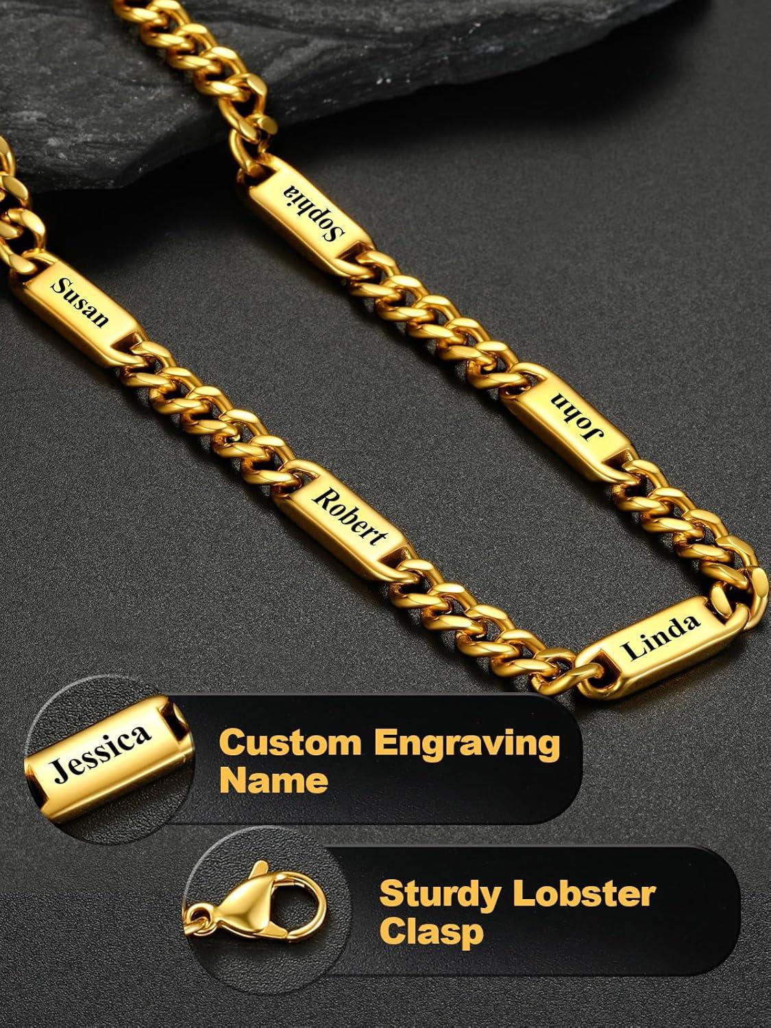 imageU7 Cuban Link Chain Custom Name Necklace for Men Stainless SteelBlackGold Plated Men Necklaces with 16 Names Engraved 57 mm Width 18202224 Inches Length Thick Hip Hop Family Chains Jewelryc 7mm Gold