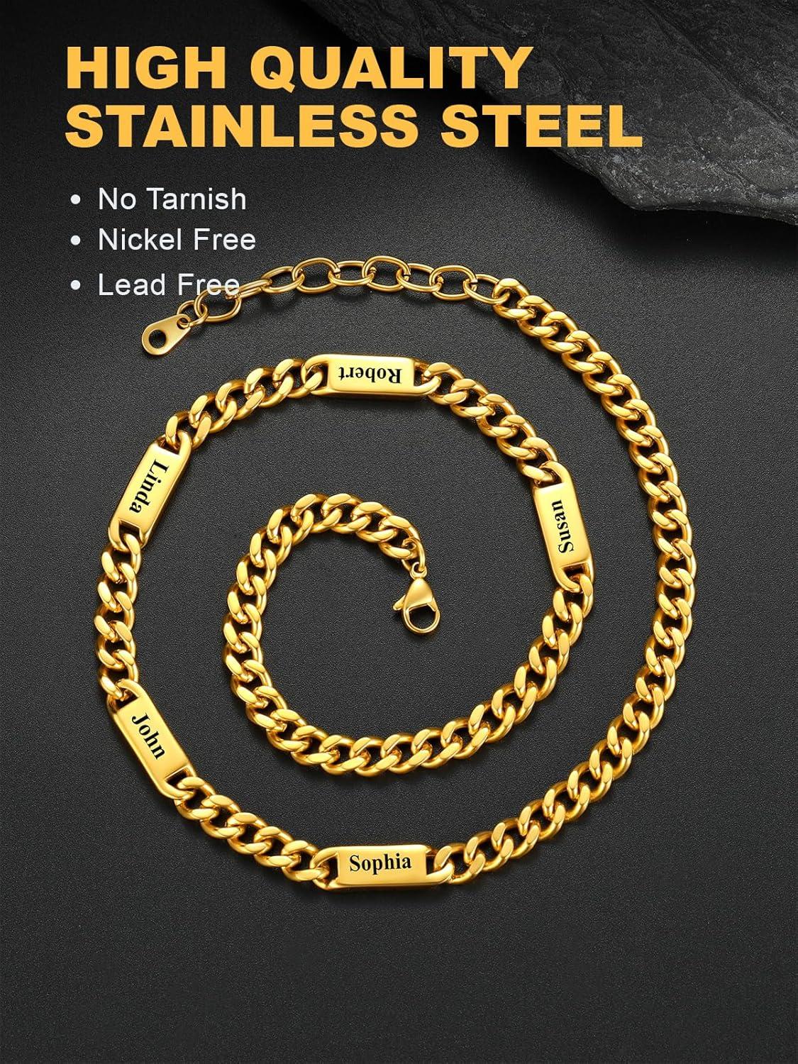 imageU7 Cuban Link Chain Custom Name Necklace for Men Stainless SteelBlackGold Plated Men Necklaces with 16 Names Engraved 57 mm Width 18202224 Inches Length Thick Hip Hop Family Chains Jewelryc 7mm Gold