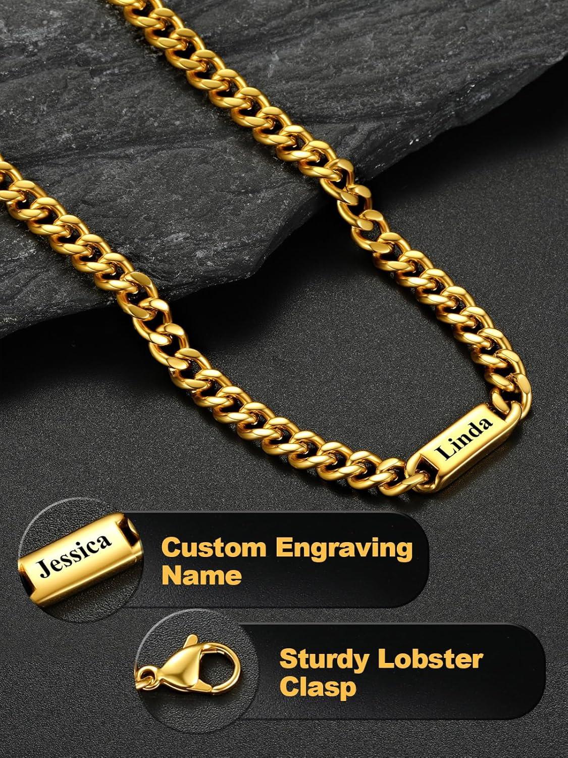 imageU7 Cuban Link Chain Custom Name Necklace for Men Stainless SteelBlackGold Plated Men Necklaces with 16 Names Engraved 57 mm Width 18202224 Inches Length Thick Hip Hop Family Chains Jewelryc 7mm Gold