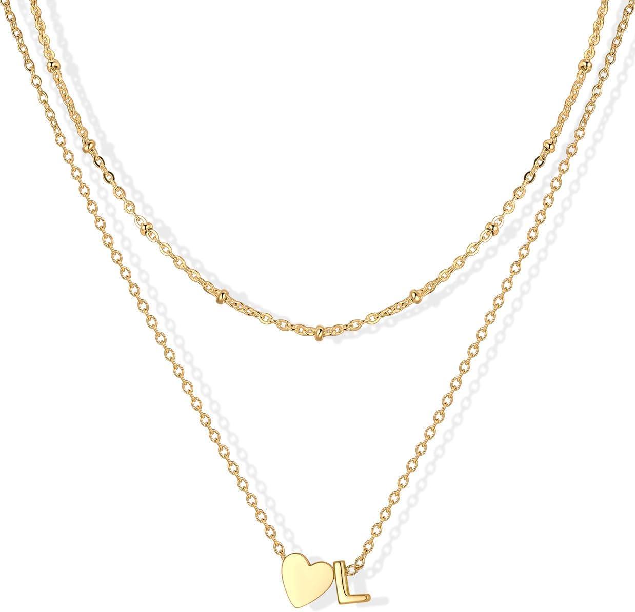imageU7 Layered Heart Initial Necklace for WomenTiny Silver14K Gold Heart Initial AZ Letter Pendant NecklacesChristmas Gifts for HerGold