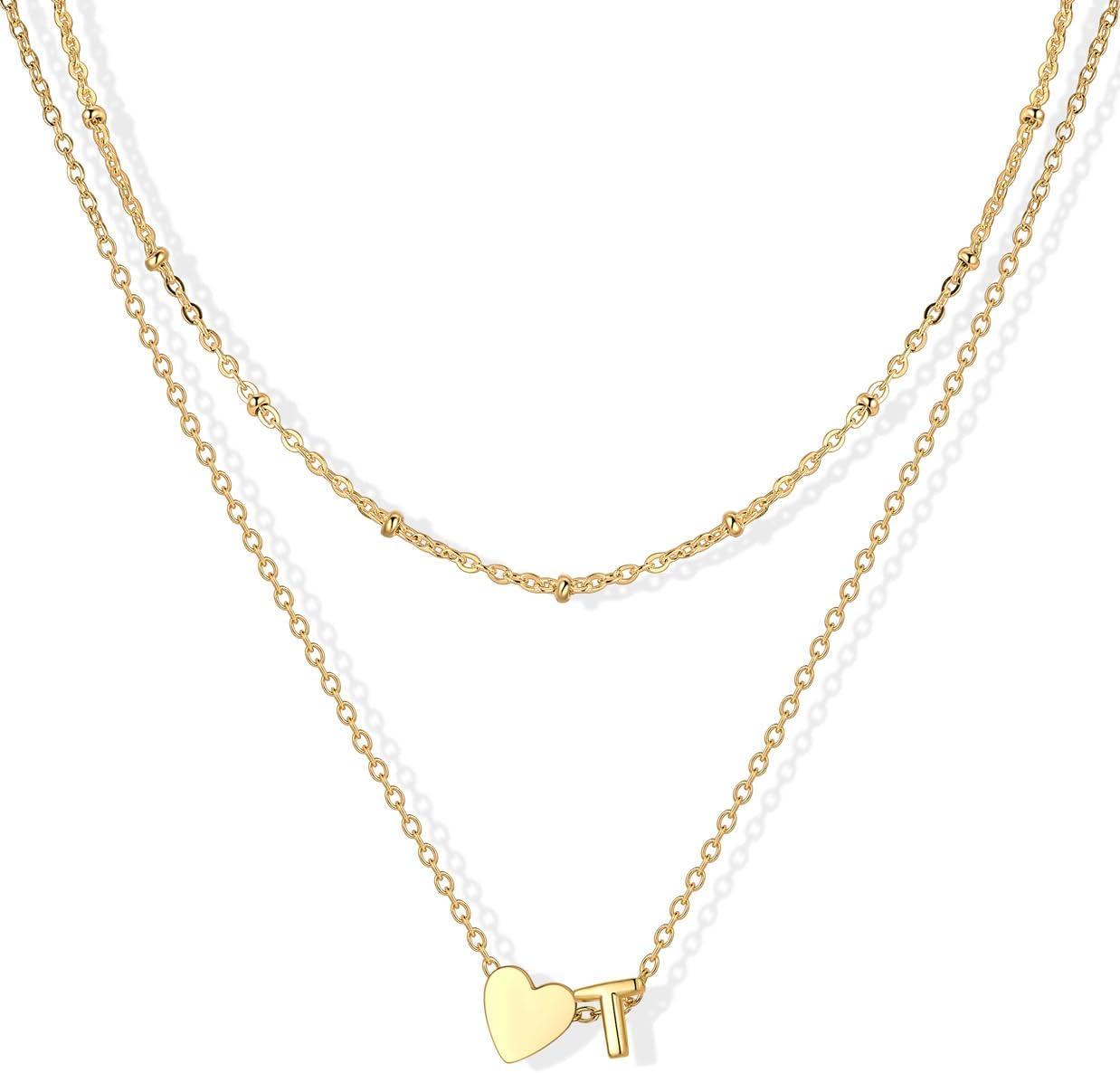 imageU7 Layered Heart Initial Necklace for WomenTiny Silver14K Gold Heart Initial AZ Letter Pendant NecklacesChristmas Gifts for HerGold
