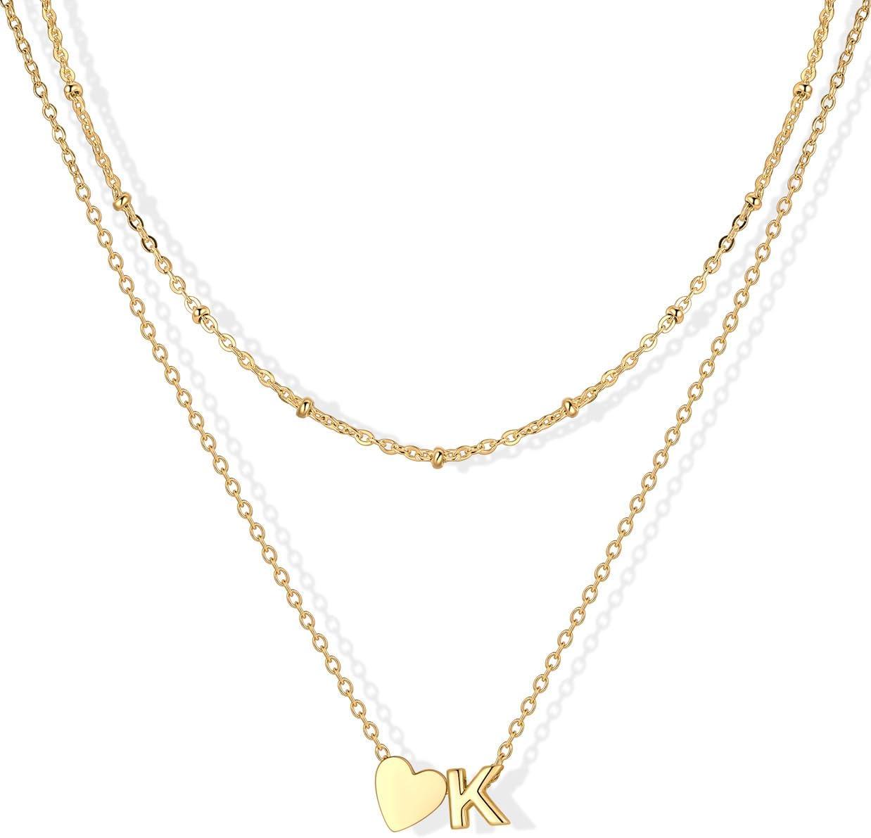 imageU7 Layered Heart Initial Necklace for WomenTiny Silver14K Gold Heart Initial AZ Letter Pendant NecklacesChristmas Gifts for HerGold