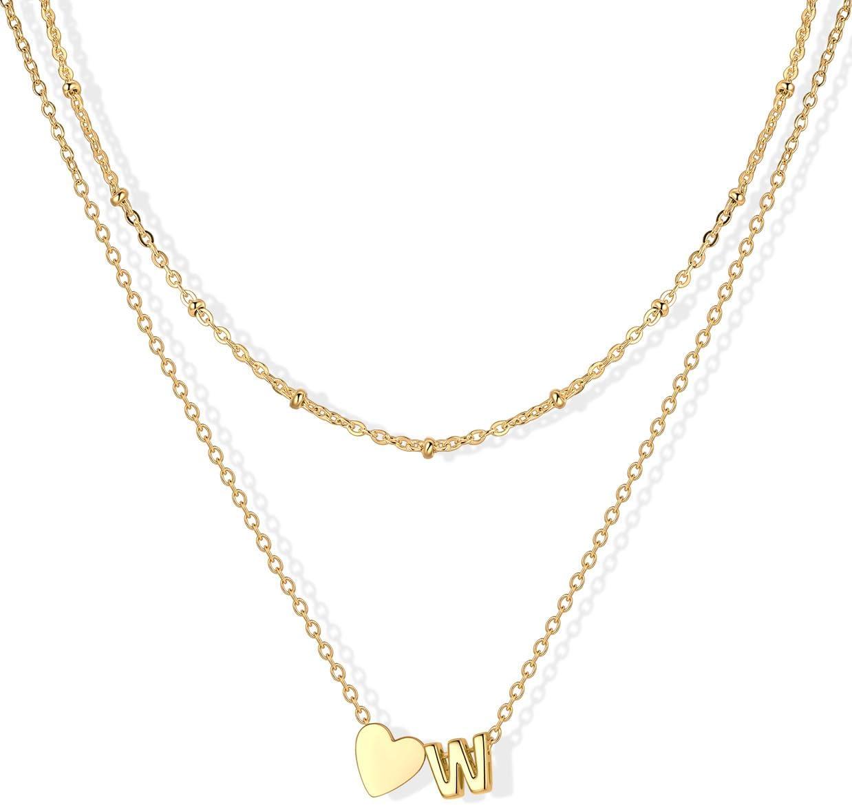 imageU7 Layered Heart Initial Necklace for WomenTiny Silver14K Gold Heart Initial AZ Letter Pendant NecklacesChristmas Gifts for HerGold