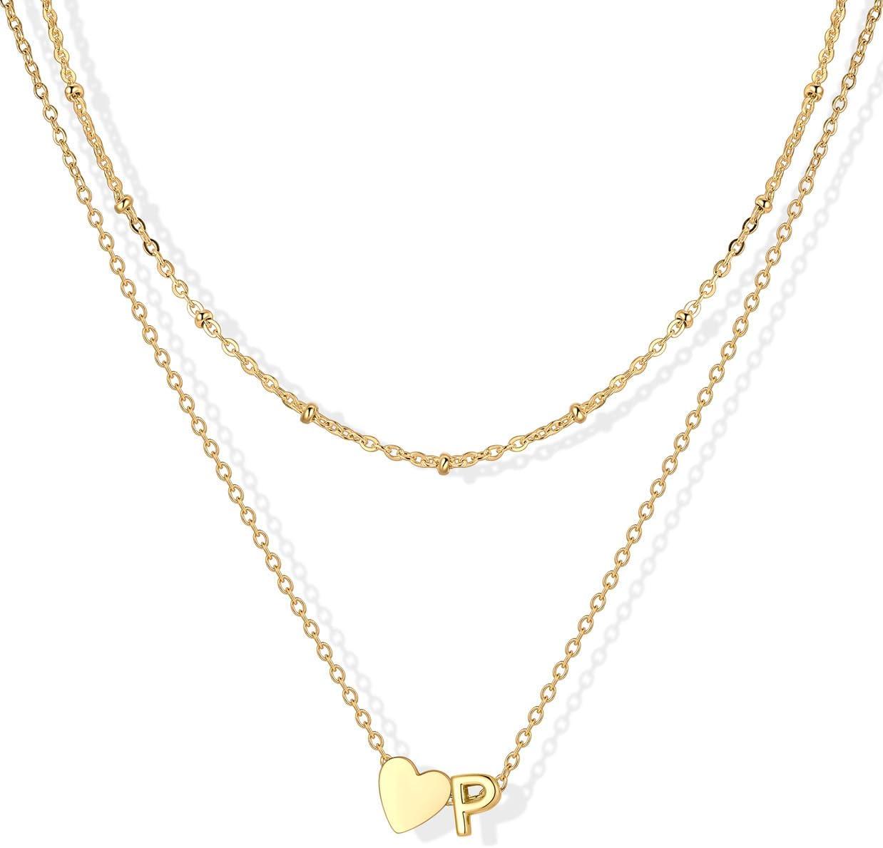 imageU7 Layered Heart Initial Necklace for WomenTiny Silver14K Gold Heart Initial AZ Letter Pendant NecklacesChristmas Gifts for HerGold