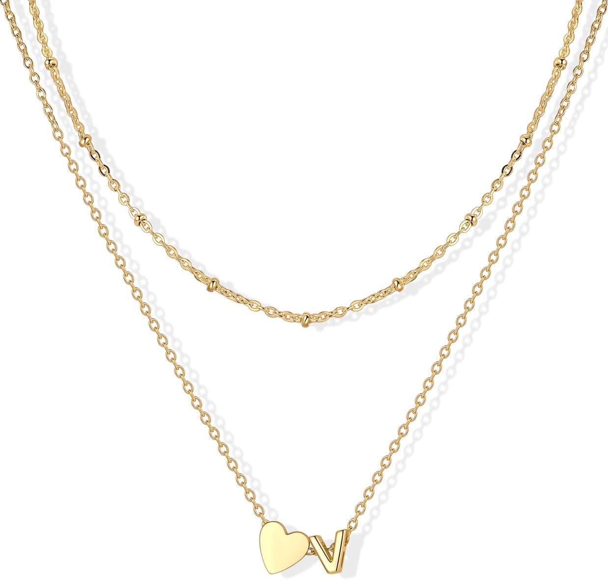 imageU7 Layered Heart Initial Necklace for WomenTiny Silver14K Gold Heart Initial AZ Letter Pendant NecklacesChristmas Gifts for HerGold