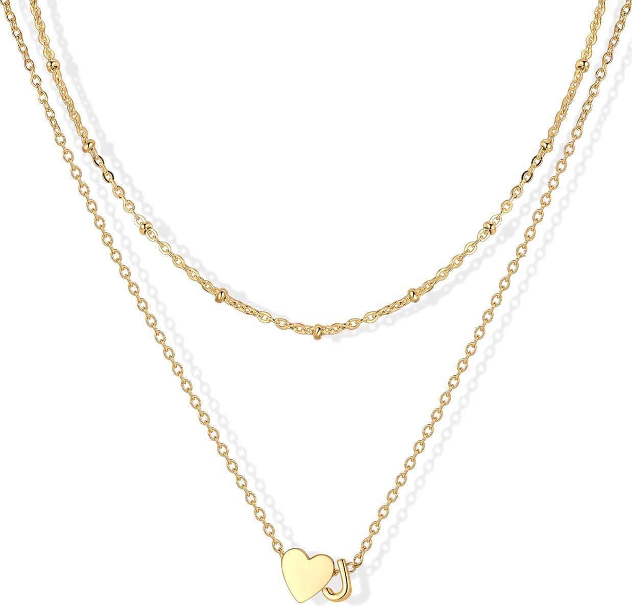 imageU7 Layered Heart Initial Necklace for WomenTiny Silver14K Gold Heart Initial AZ Letter Pendant NecklacesChristmas Gifts for HerGold