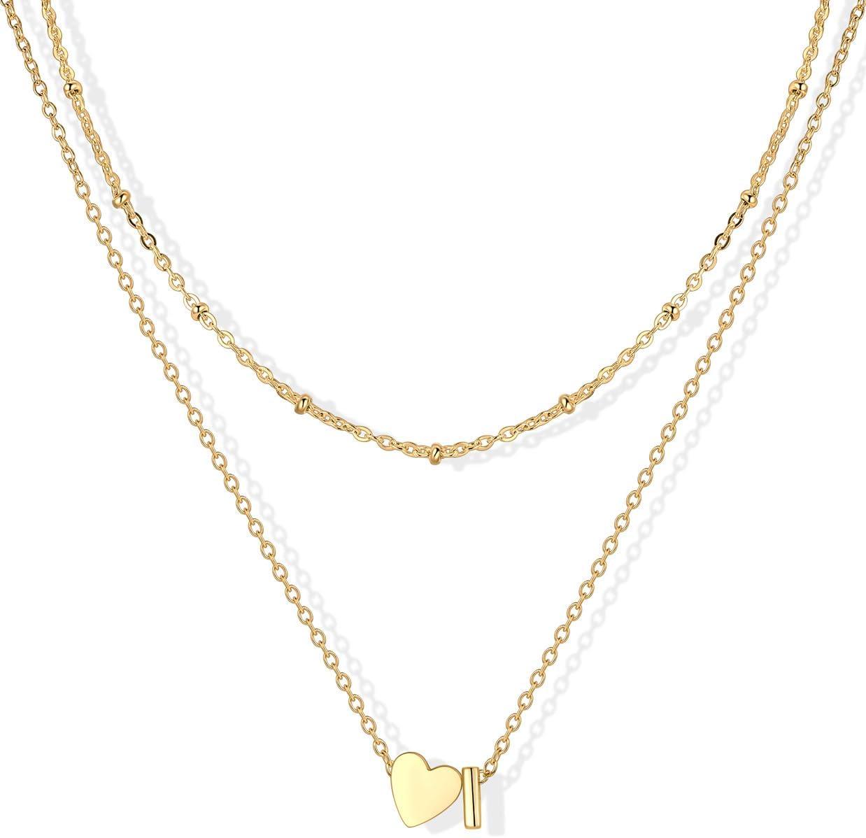 imageU7 Layered Heart Initial Necklace for WomenTiny Silver14K Gold Heart Initial AZ Letter Pendant NecklacesChristmas Gifts for HerGold
