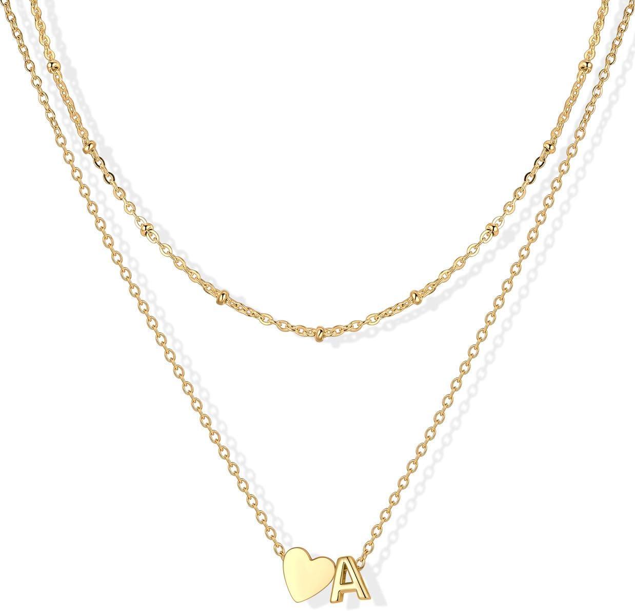 imageU7 Layered Heart Initial Necklace for WomenTiny Silver14K Gold Heart Initial AZ Letter Pendant NecklacesChristmas Gifts for HerGold