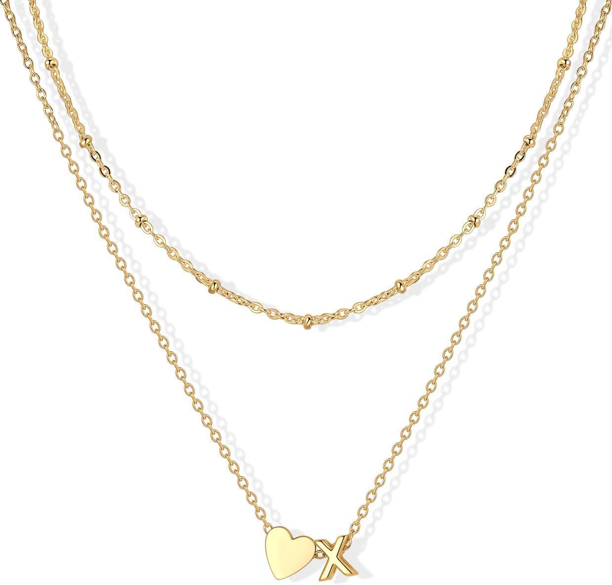 imageU7 Layered Heart Initial Necklace for WomenTiny Silver14K Gold Heart Initial AZ Letter Pendant NecklacesChristmas Gifts for HerGold