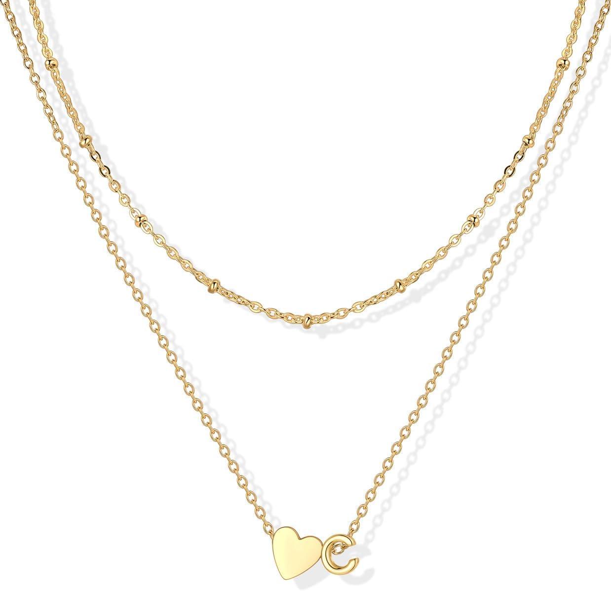 imageU7 Layered Heart Initial Necklace for WomenTiny Silver14K Gold Heart Initial AZ Letter Pendant NecklacesChristmas Gifts for HerGold