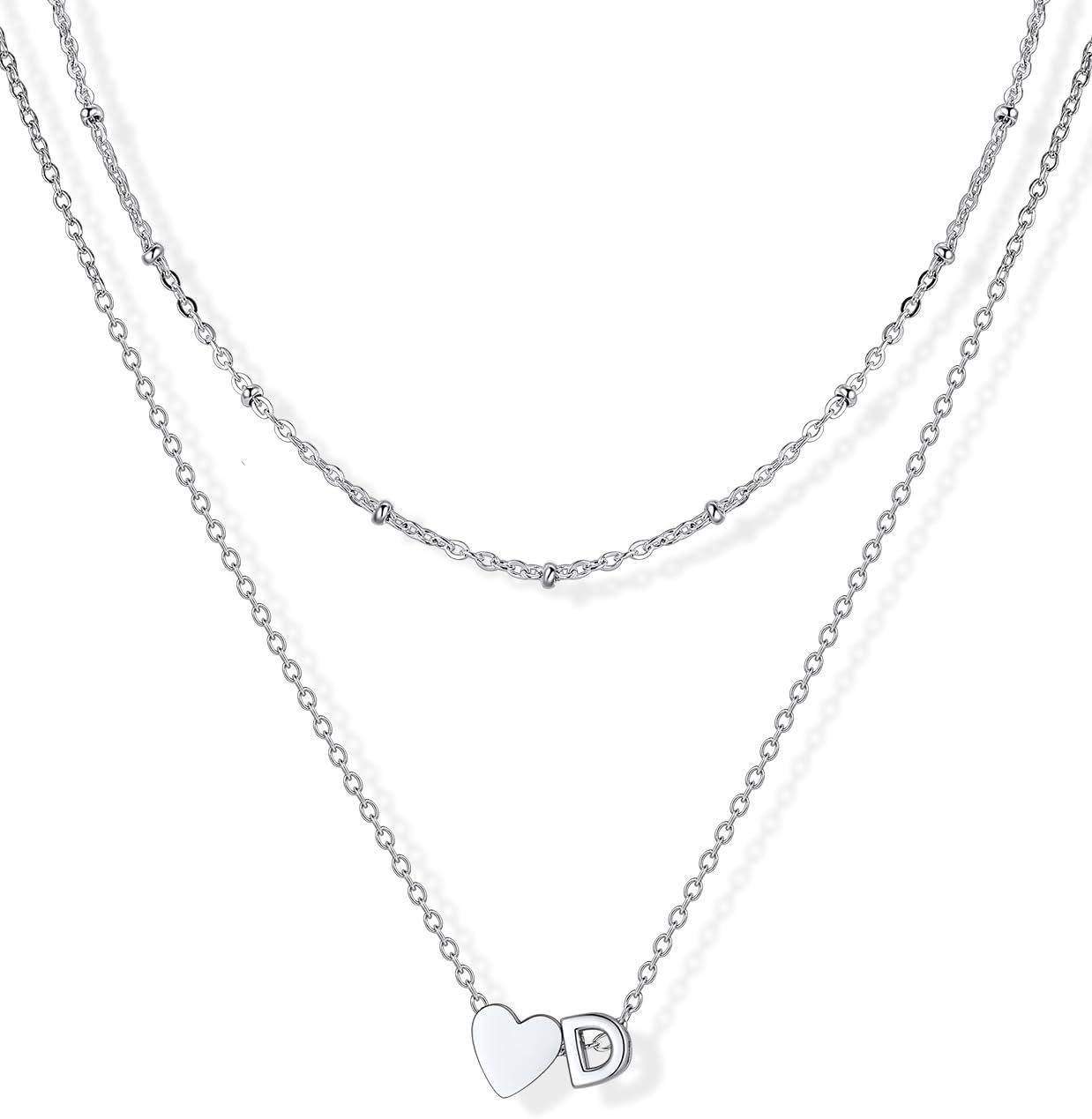 imageU7 Layered Heart Initial Necklace for WomenTiny Silver14K Gold Heart Initial AZ Letter Pendant NecklacesChristmas Gifts for HerSilver