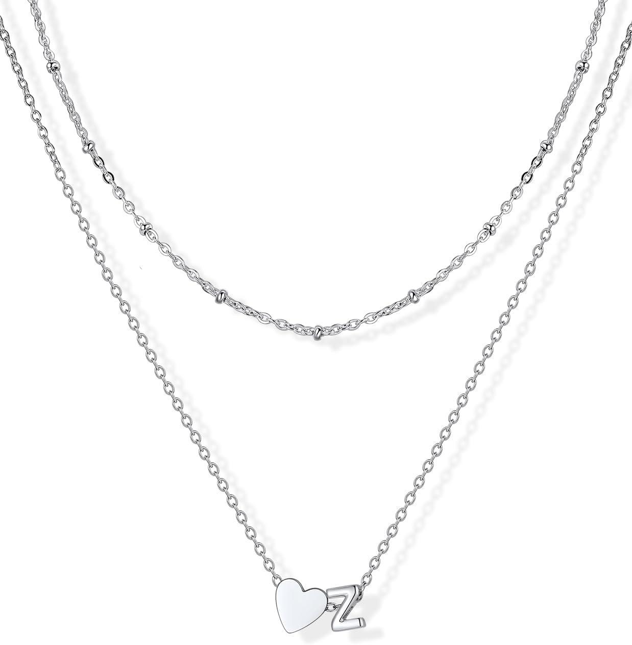 imageU7 Layered Heart Initial Necklace for WomenTiny Silver14K Gold Heart Initial AZ Letter Pendant NecklacesChristmas Gifts for HerSilver
