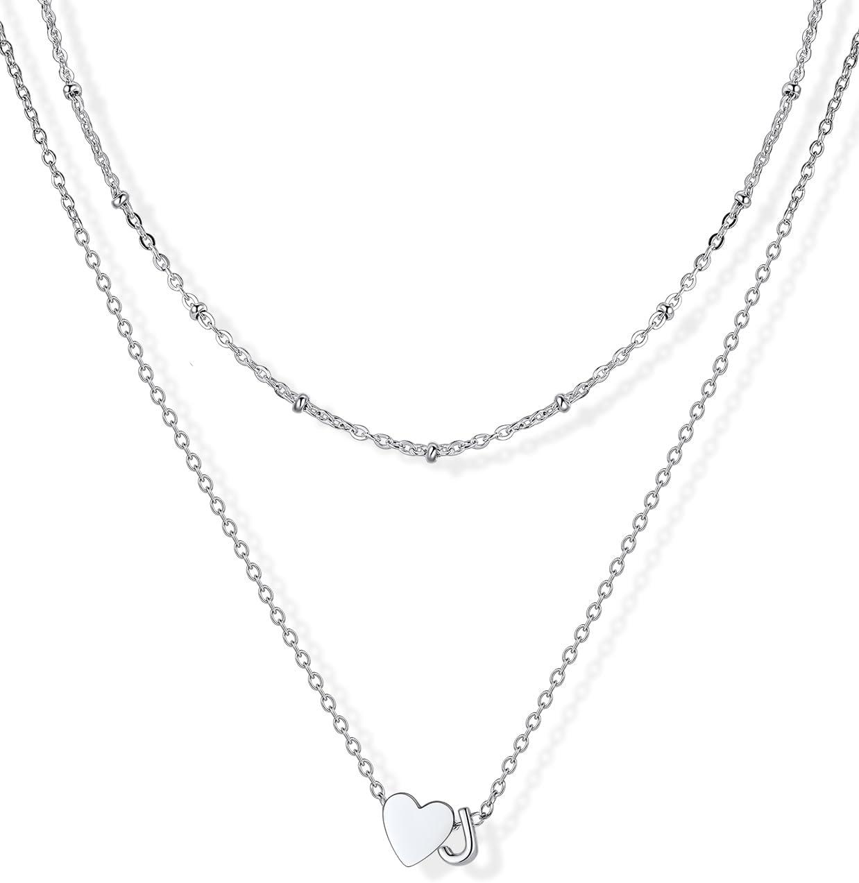 imageU7 Layered Heart Initial Necklace for WomenTiny Silver14K Gold Heart Initial AZ Letter Pendant NecklacesChristmas Gifts for HerSilver