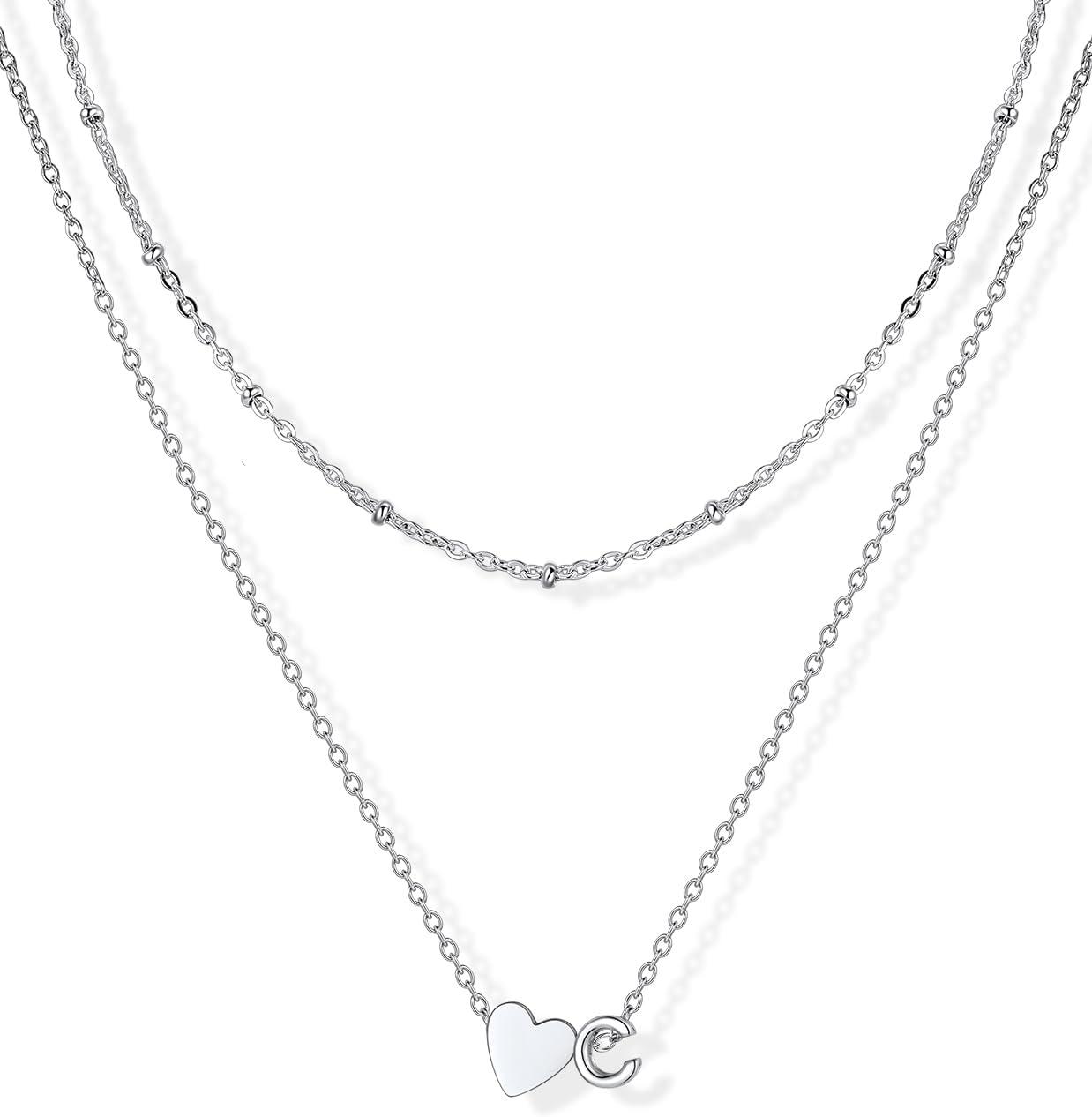 imageU7 Layered Heart Initial Necklace for WomenTiny Silver14K Gold Heart Initial AZ Letter Pendant NecklacesChristmas Gifts for HerSilver