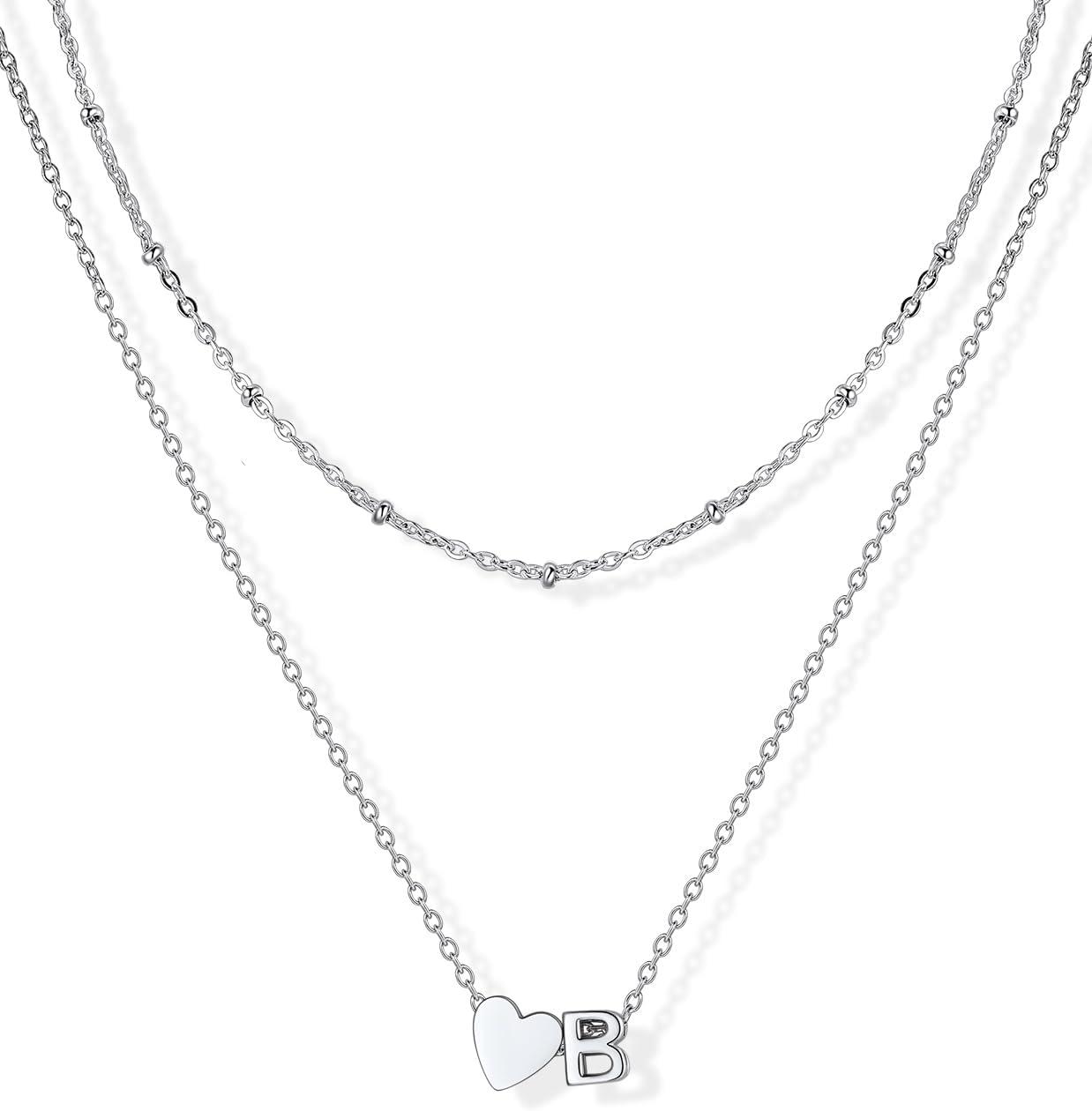 imageU7 Layered Heart Initial Necklace for WomenTiny Silver14K Gold Heart Initial AZ Letter Pendant NecklacesChristmas Gifts for HerSilver