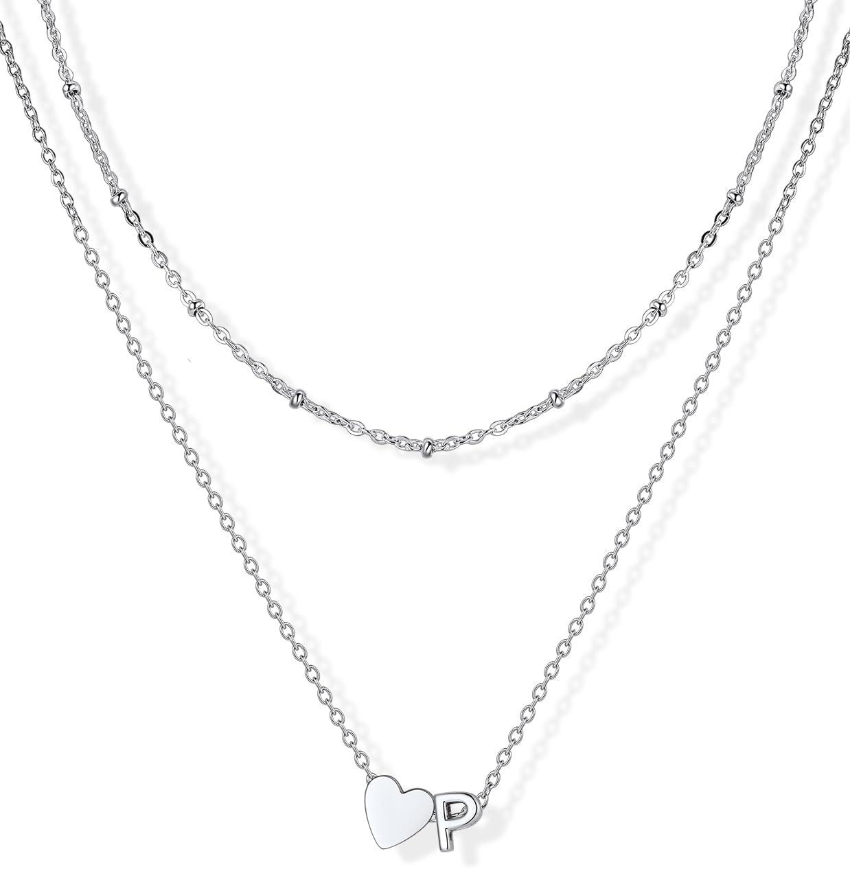 imageU7 Layered Heart Initial Necklace for WomenTiny Silver14K Gold Heart Initial AZ Letter Pendant NecklacesChristmas Gifts for HerSilver