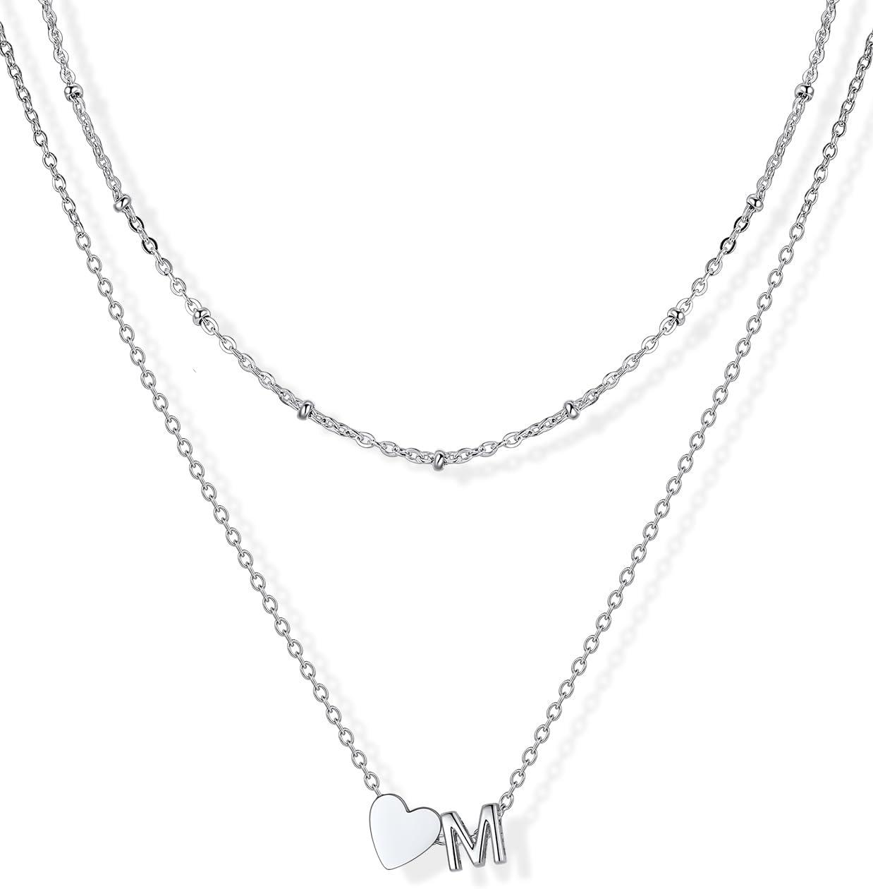 imageU7 Layered Heart Initial Necklace for WomenTiny Silver14K Gold Heart Initial AZ Letter Pendant NecklacesChristmas Gifts for HerSilver