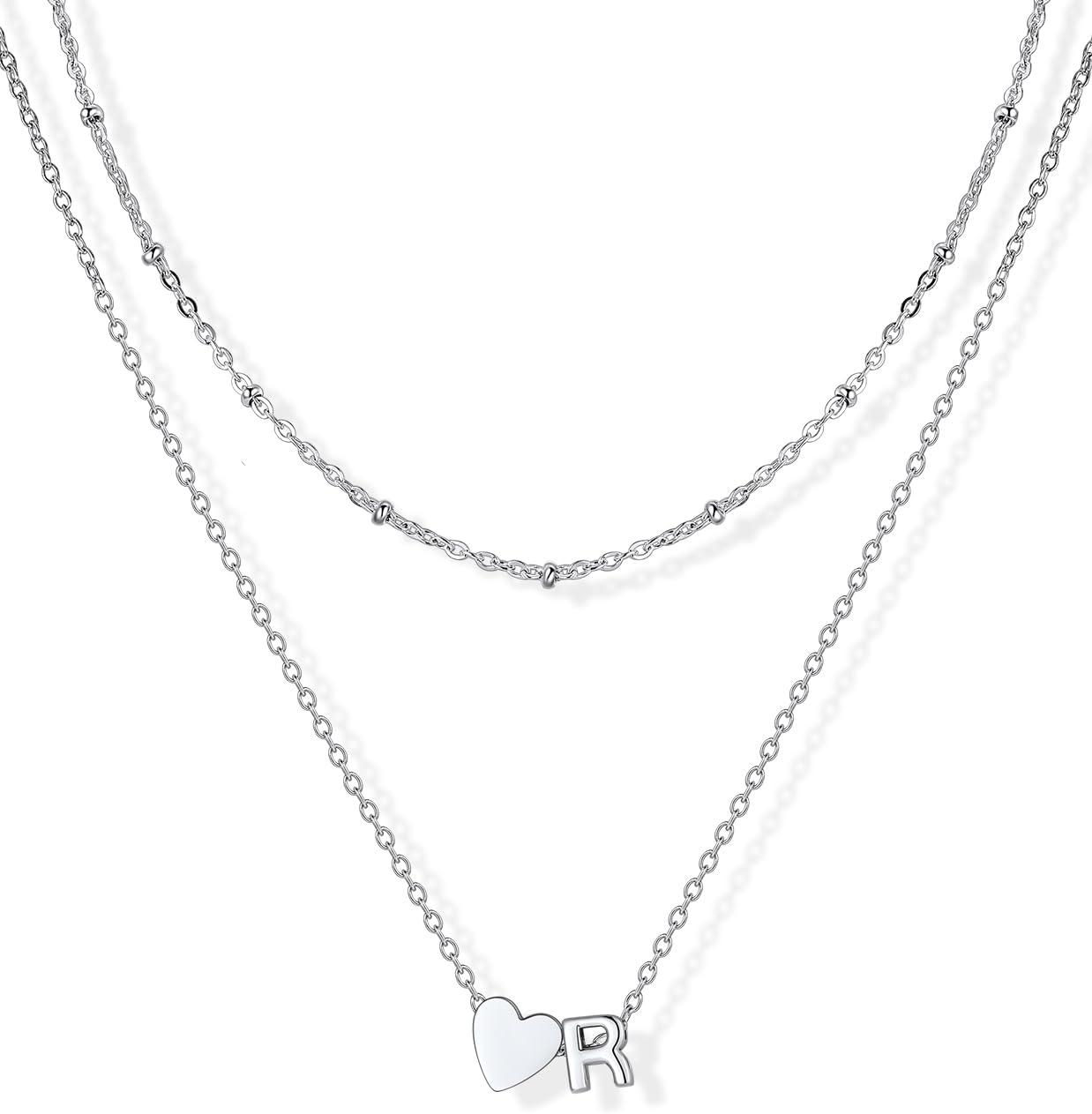 imageU7 Layered Heart Initial Necklace for WomenTiny Silver14K Gold Heart Initial AZ Letter Pendant NecklacesChristmas Gifts for HerSilver