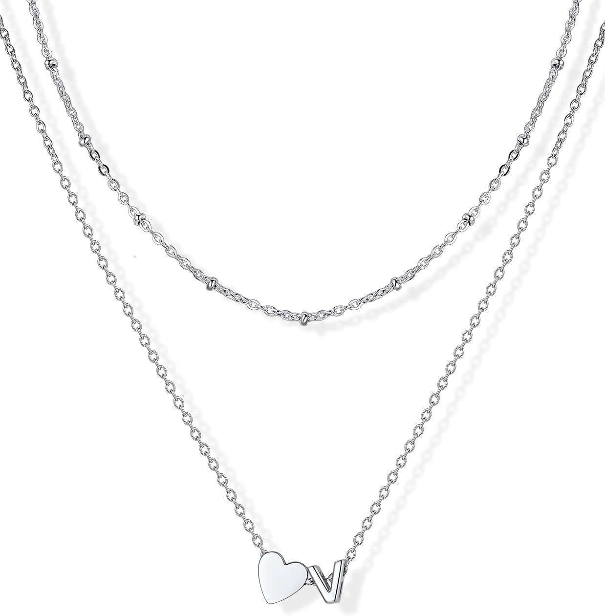 imageU7 Layered Heart Initial Necklace for WomenTiny Silver14K Gold Heart Initial AZ Letter Pendant NecklacesChristmas Gifts for HerSilver