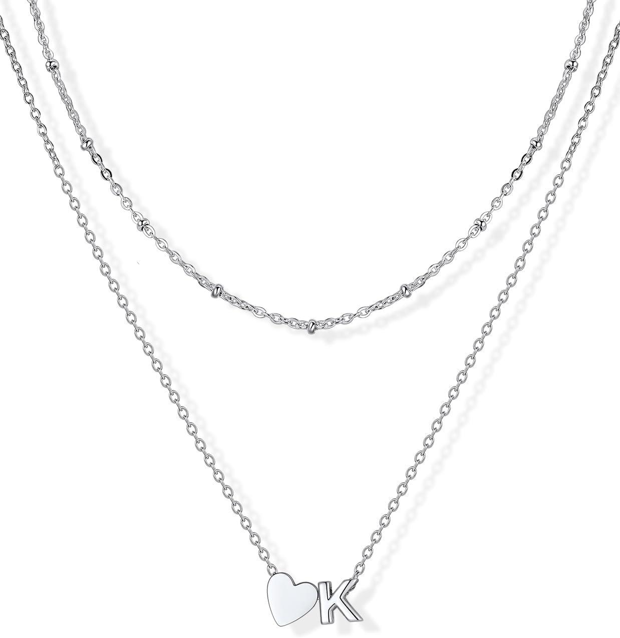 imageU7 Layered Heart Initial Necklace for WomenTiny Silver14K Gold Heart Initial AZ Letter Pendant NecklacesChristmas Gifts for HerSilver