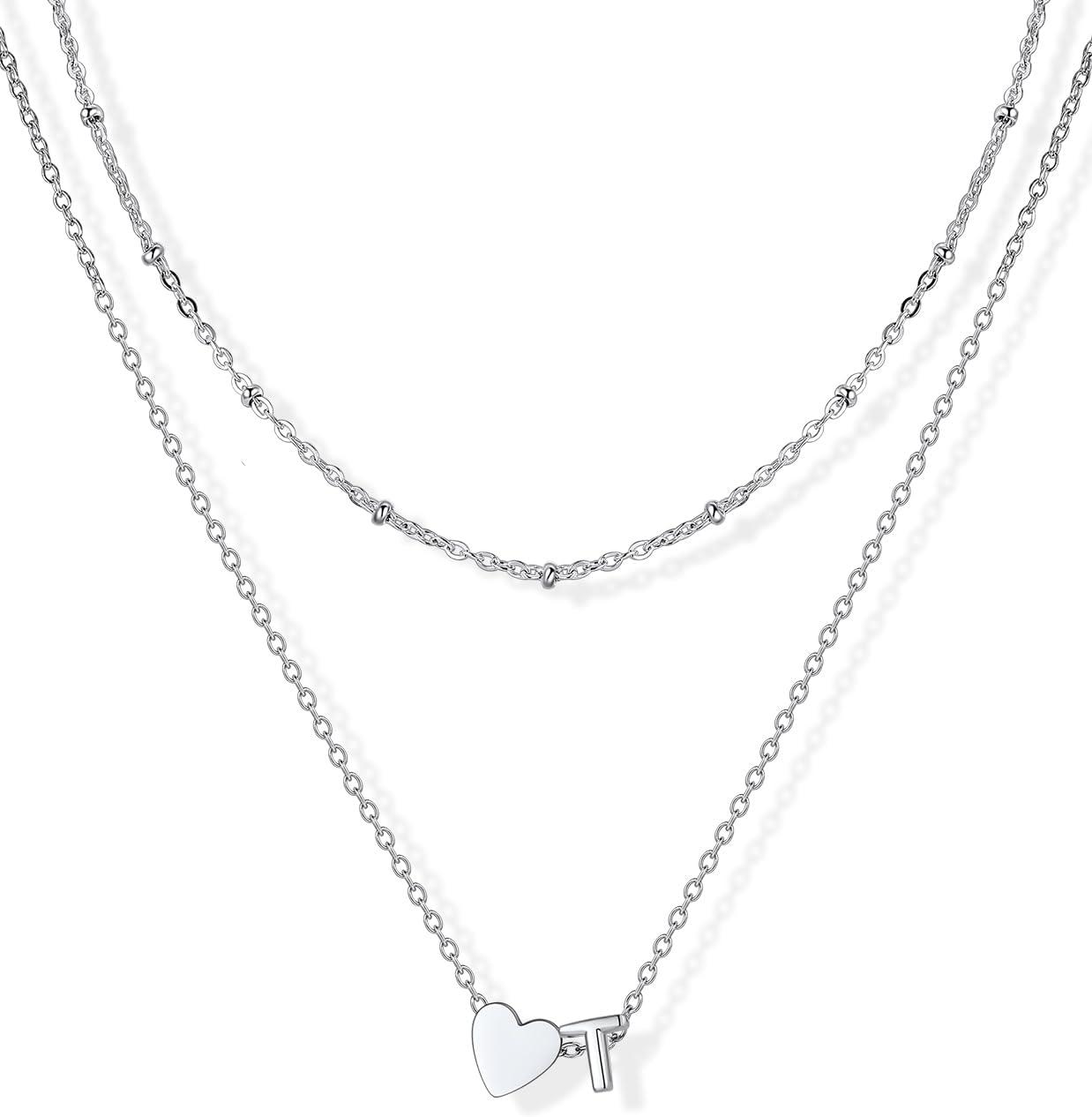 imageU7 Layered Heart Initial Necklace for WomenTiny Silver14K Gold Heart Initial AZ Letter Pendant NecklacesChristmas Gifts for HerSilver