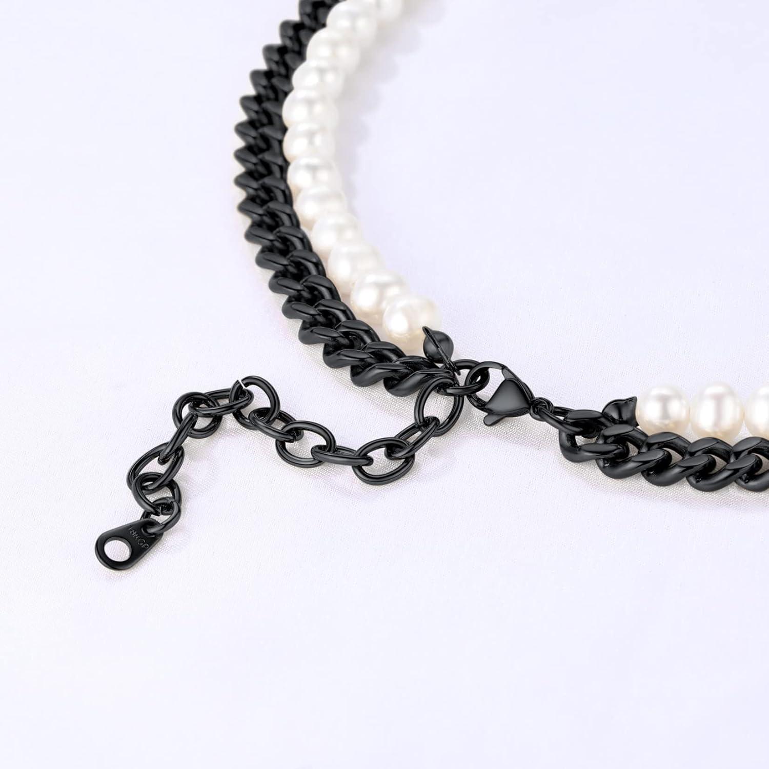 imageU7 Layered Pearl Necklace Set Hip Hop Black Cuban Link Chain and Off White Pearl Choker Necklace for Men Women