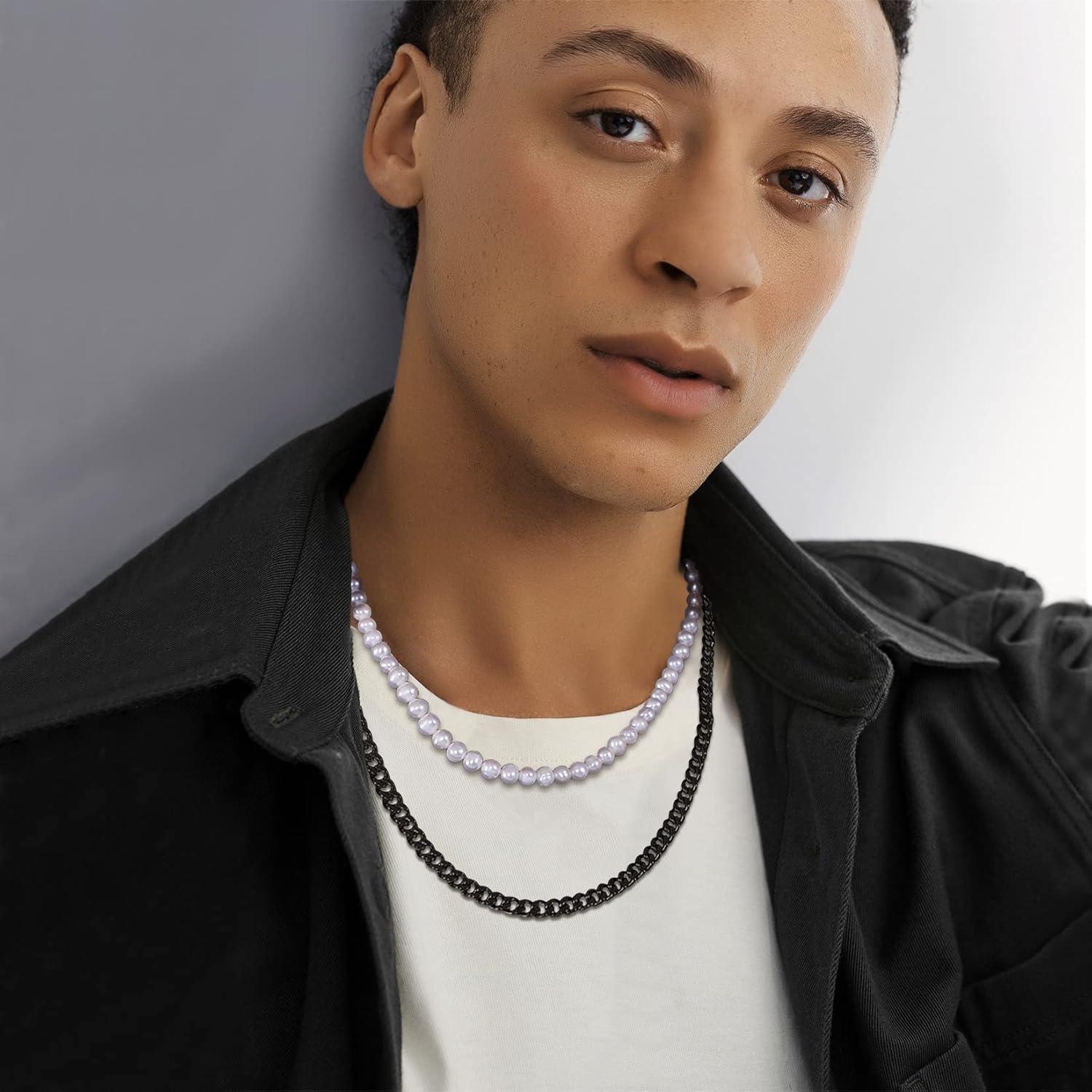 imageU7 Layered Pearl Necklace Set Hip Hop Black Cuban Link Chain and Off White Pearl Choker Necklace for Men Women