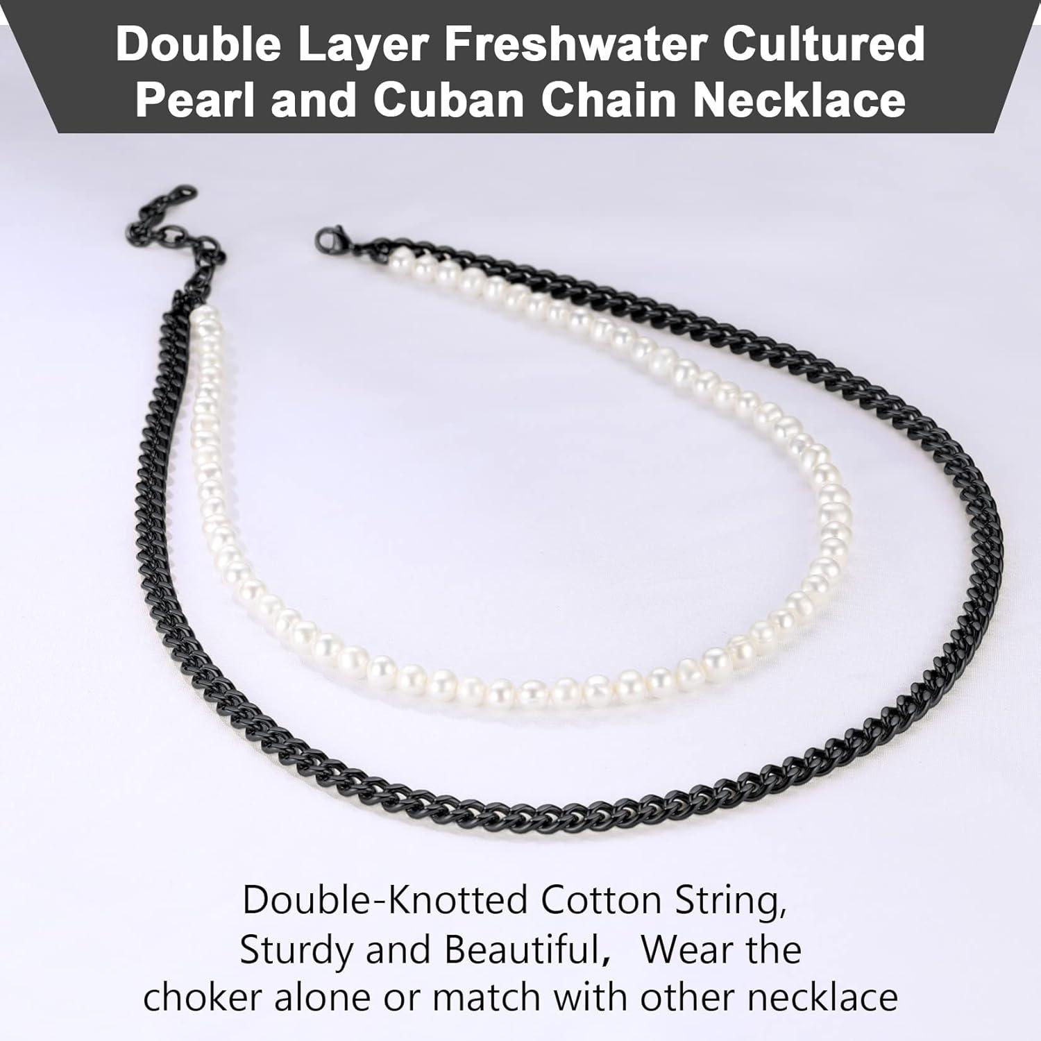imageU7 Layered Pearl Necklace Set Hip Hop Black Cuban Link Chain and Off White Pearl Choker Necklace for Men Women